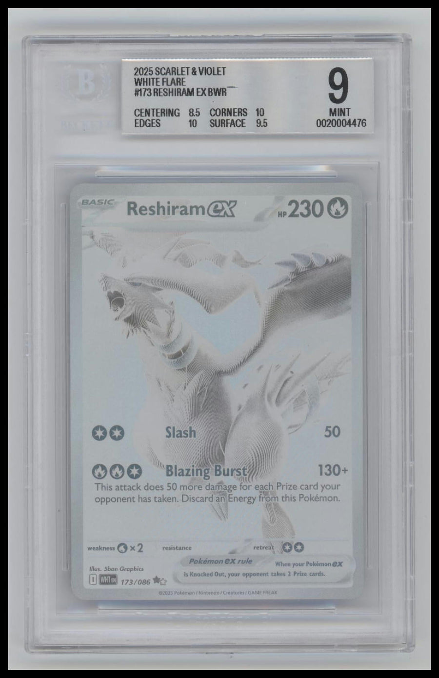 2025 Pokemon Scarlet & Violet White Flare Reshiram ex BWR 9.0 BGS #173