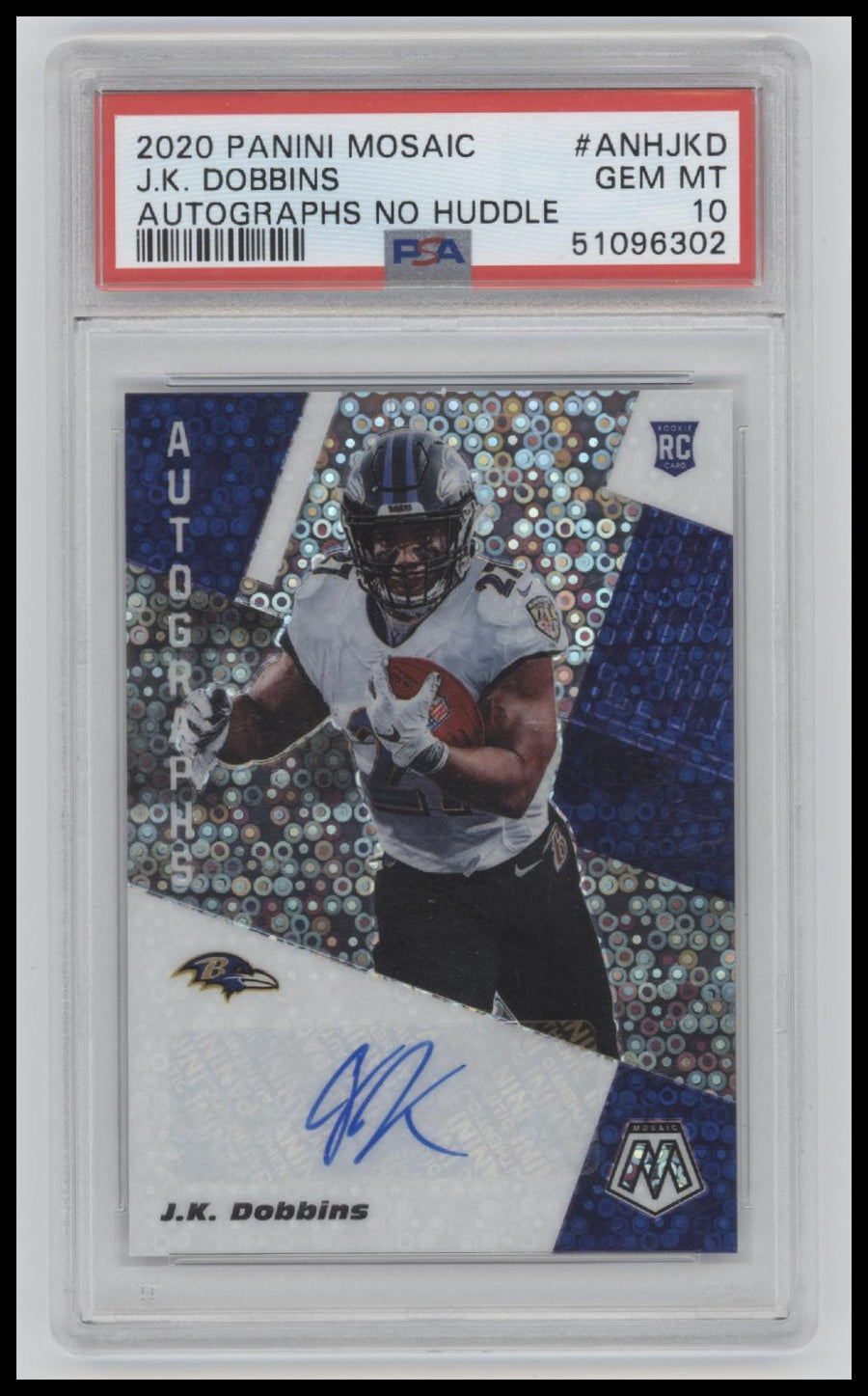 2020 Panini Mosaic Autographs No Huddle J.K. Dobbins 10 PSA #ANHJKD
