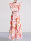 Ruffled Hollow Out Tiered Midi Dress