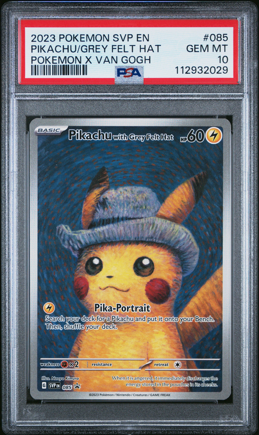 2023 Pokemon Black Star Promo Van Gogh Pikachu Grey Felt Hat 10 PSA #085