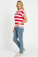 Zenana Striped Collared Short Sleeve Sweater