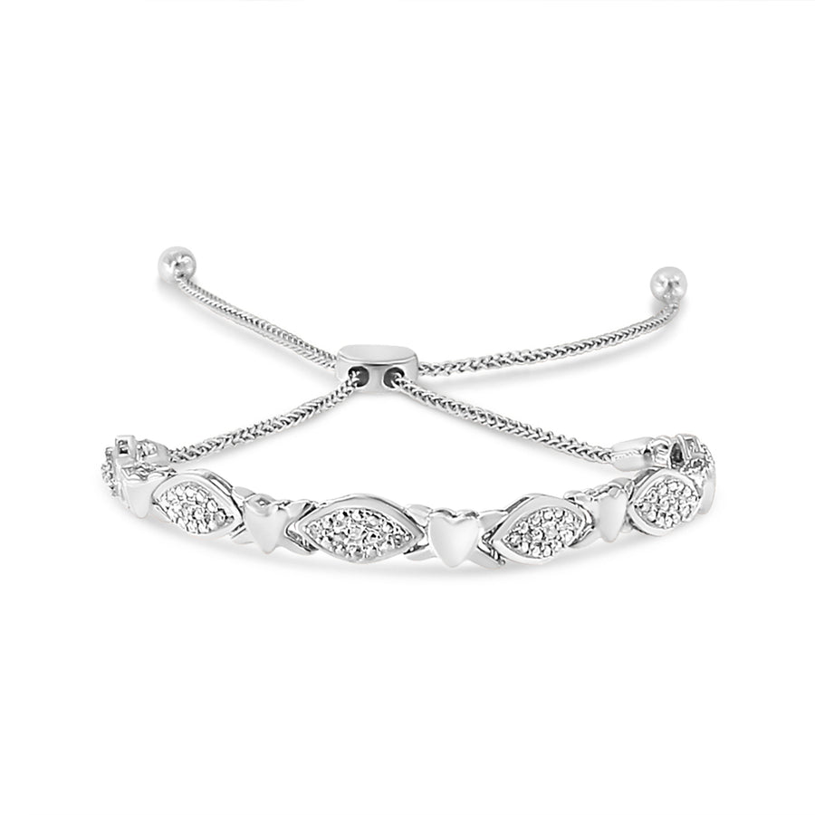 14K Yellow Gold Plated .925 Sterling Silver Diamond Accent Alternating Marquise Shape and Heart Links Bolo Bracelet (I-J Color, I3 Clarity) - Adjustable 6