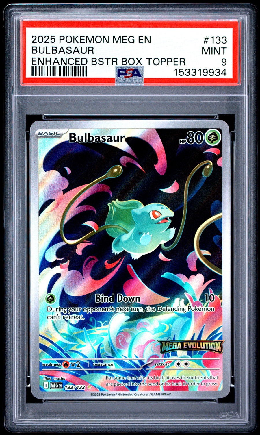 2025 Pokemon Meg En-Mega Evolution Enhanced Bstr Box Topper Bulbasaur 9 PSA #133