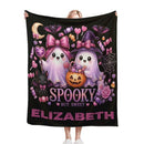 Personalized Halloween Ghost Blanket with Name - Spooky But Sweet Kawaii Ghosts in Pink Bows, Witch Hat, Pumpkin and Candy