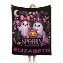 Personalized Halloween Ghost Blanket with Name - Spooky But Sweet Kawaii Ghosts in Pink Bows, Witch Hat, Pumpkin and Candy