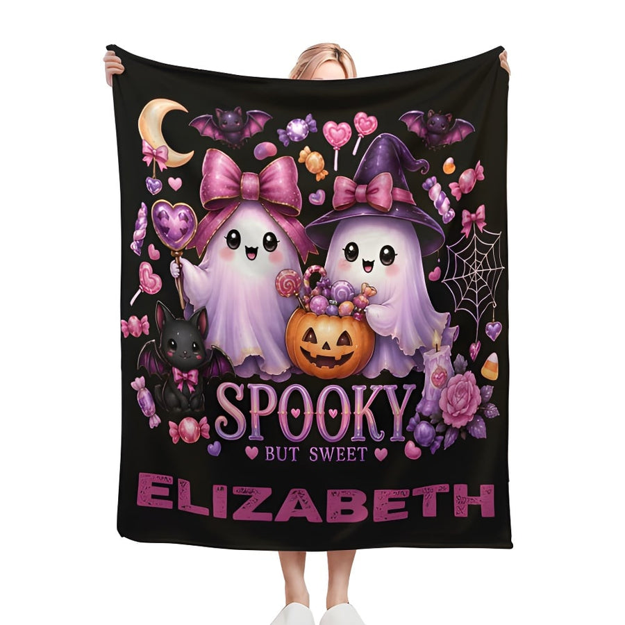 Personalized Halloween Ghost Blanket with Name - Spooky But Sweet Kawaii Ghosts in Pink Bows, Witch Hat, Pumpkin and Candy