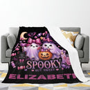 Personalized Halloween Ghost Blanket with Name - Spooky But Sweet Kawaii Ghosts in Pink Bows, Witch Hat, Pumpkin and Candy