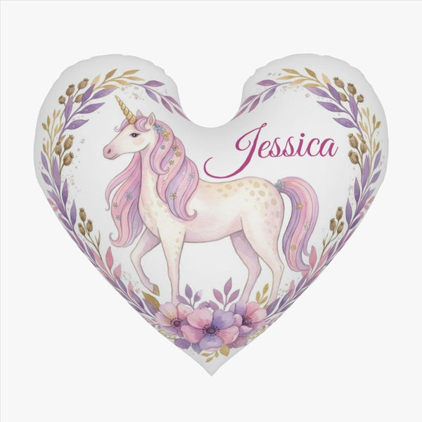 Personalized Unicorn Heart Pillow with Name | Full-Body Watercolor Unicorn, Pink Ombré Mane, Purple Botanical Garland Border | Custom Gift for Girls