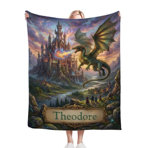 Personalized Dragon Blanket with Name - Custom Fantasy Castle and Dragon Fleece Throw for Boys, Girls, Kids and Dragon Lovers