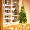 4.5 Feet Pre-lit Hinged Pencil Christmas Tree with Pine Cones Red Berries and 150 Lights