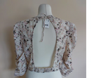 Free People Corset Style Puff Sleeve Floral Open Back Top, Beige, Size Large