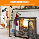 3-Panel Folding Wrought Iron Fireplace Screen with Doors and 4 Pieces Tools Set-Black