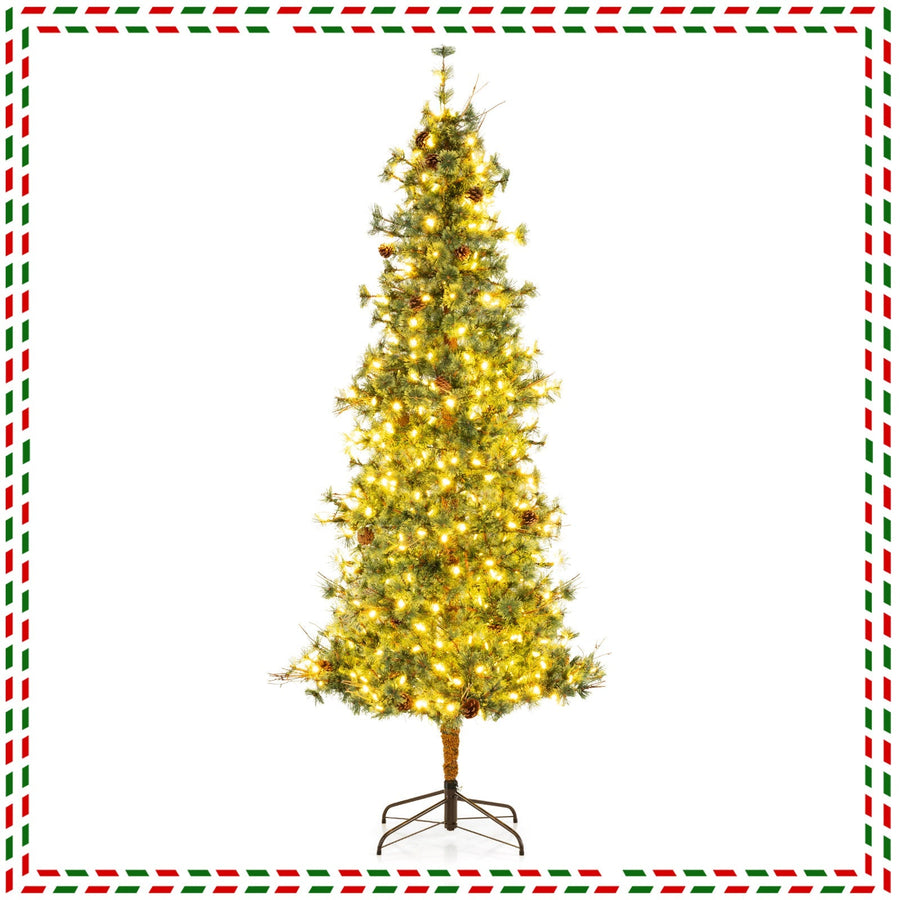 6/7/8 Feet Artificial Christmas Tree Pre-lit Hinged Xmas Tree with Warm White LED Lights and Pine Cones
