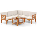 6 Pieces Acacia Wood Patio Furniture Set with Cushions and 2-Tier Coffee Table-White