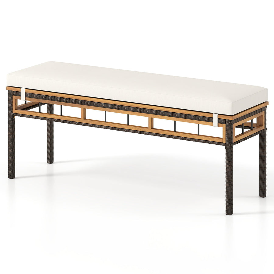 Wicker Patio Bench for 2 People 48invh Long Backless Dining Bench with Acacia Wood Seat-White