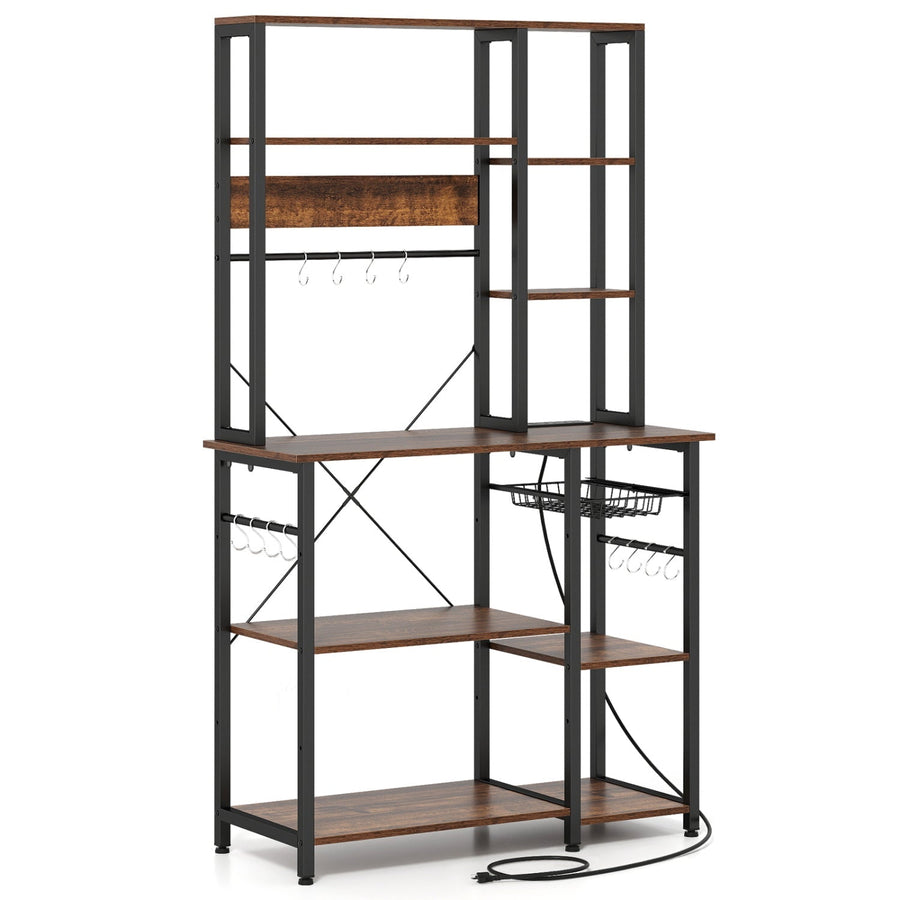 6-Tier Bakers Rack with Power Outlet Stand Wooden Open Shelves