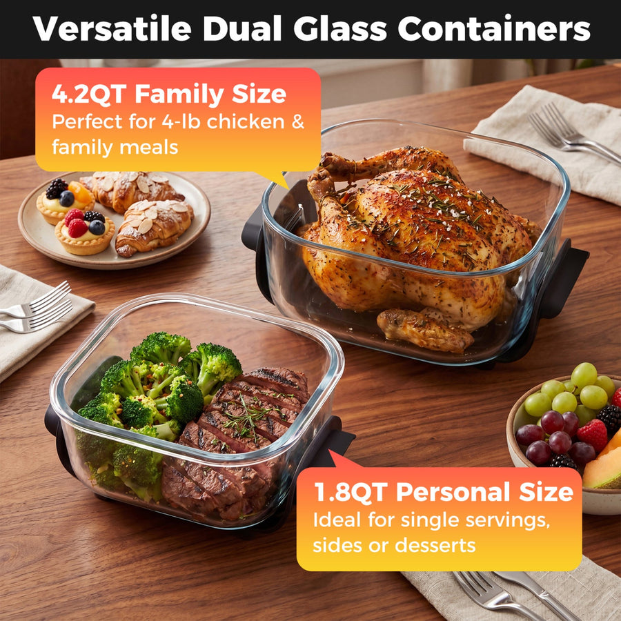 6-in-1 Portable Glass Air Fryer 1500W Dual Containers with Lids Dishwasher Safe