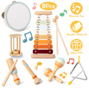8Pcs Toddler Musical Toys Wooden Montessori Musical Instruments with Xylophone Tambourine Maracas for Boys Girls Aged 3 4 5 Years Old