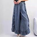 Womens Washed Cotton Denim Flared Pants With Ruffled Hem