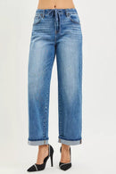 RISEN Elastic Band Slouch Ankle Boyfriend Cuffed Hem Jeans