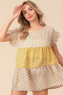 BiBi Flroal Printed Woven Color Block and Tiered Top