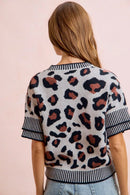 BiBi Two Tone Detail Leopard Knit Double Sleeves Top