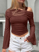 Mesh-Neck Pleated Long-Sleeve T-Shirt Top