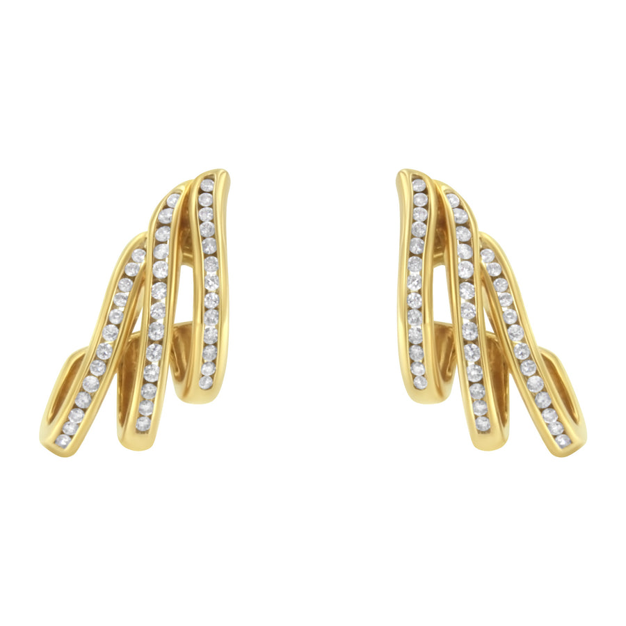 10K Yellow Gold 1.0 Cttw Round Brilliant Cut Diamond Spiral Multi Row Channel Set Open Hoop Pushback Stud Earrings (H-I Color, I1-I2 Clarity)