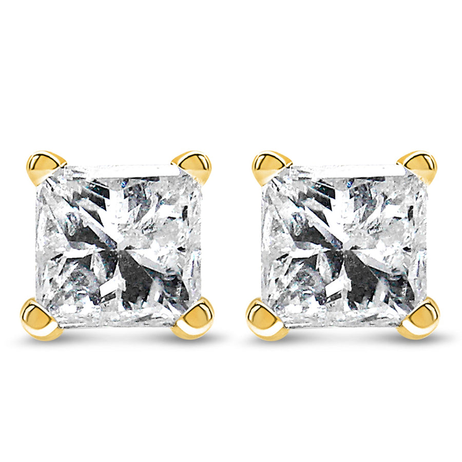 AGS Certified 14k Yellow Gold 1/4 cttw 4-Prong Set Princess-Cut Solitaire Diamond Push Back Stud Earrings (F-G Color, SI2-I1 Clarity)