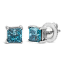 14K White Gold 1.0 Cttw Princess Cut Lab Grown Blue Diamond Solitaire Stud Earrings