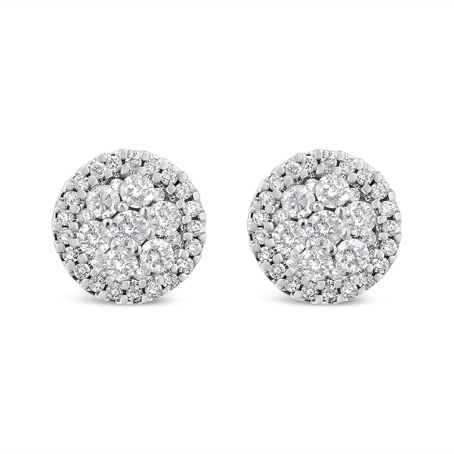 AGS Certified 14K White Gold 1.0 Cttw Brilliant-Cut Diamond Halo-Style Cluster Round Button Stud Earrings (G-H Color, I1-I2 Clarity)
