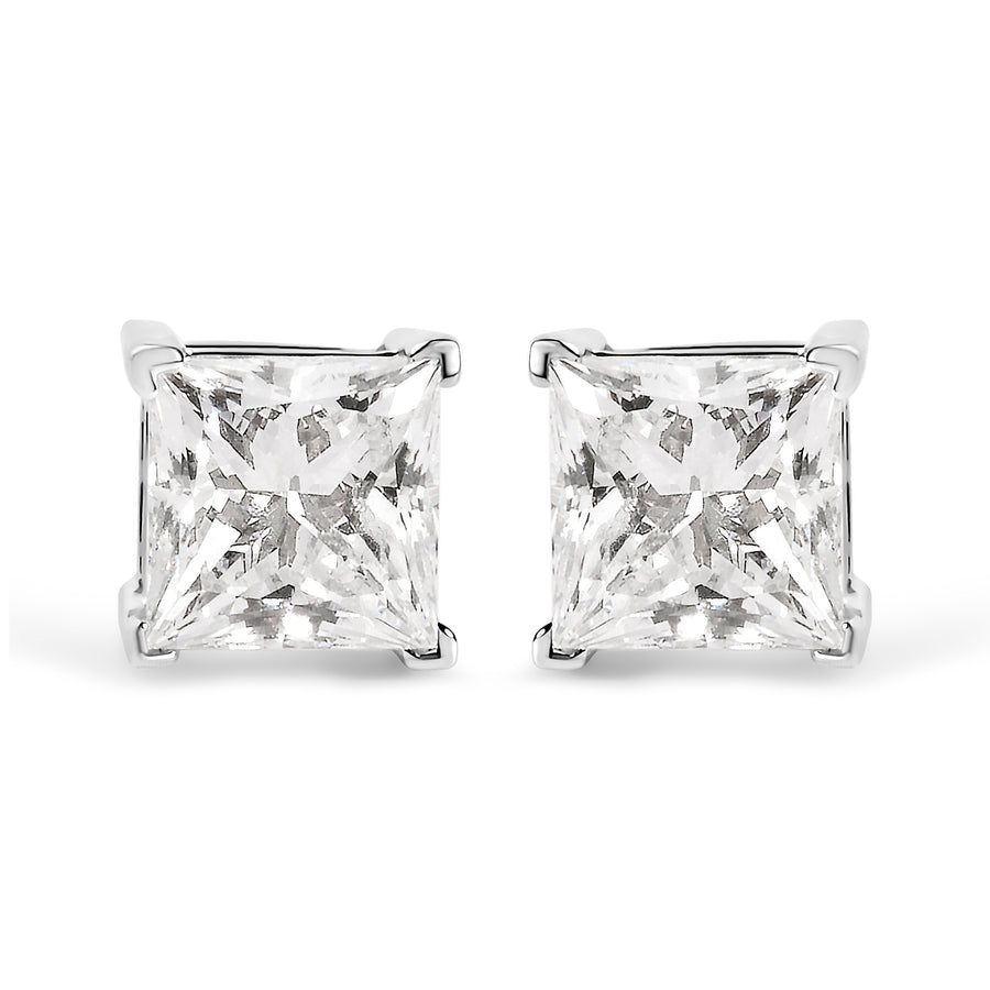 14K White Gold 1 1/2 Cttw Clarity Enhanced Princess Cut Diamond Solitaire Stud Earrings (I-J Color, I1-I2 Clarity)