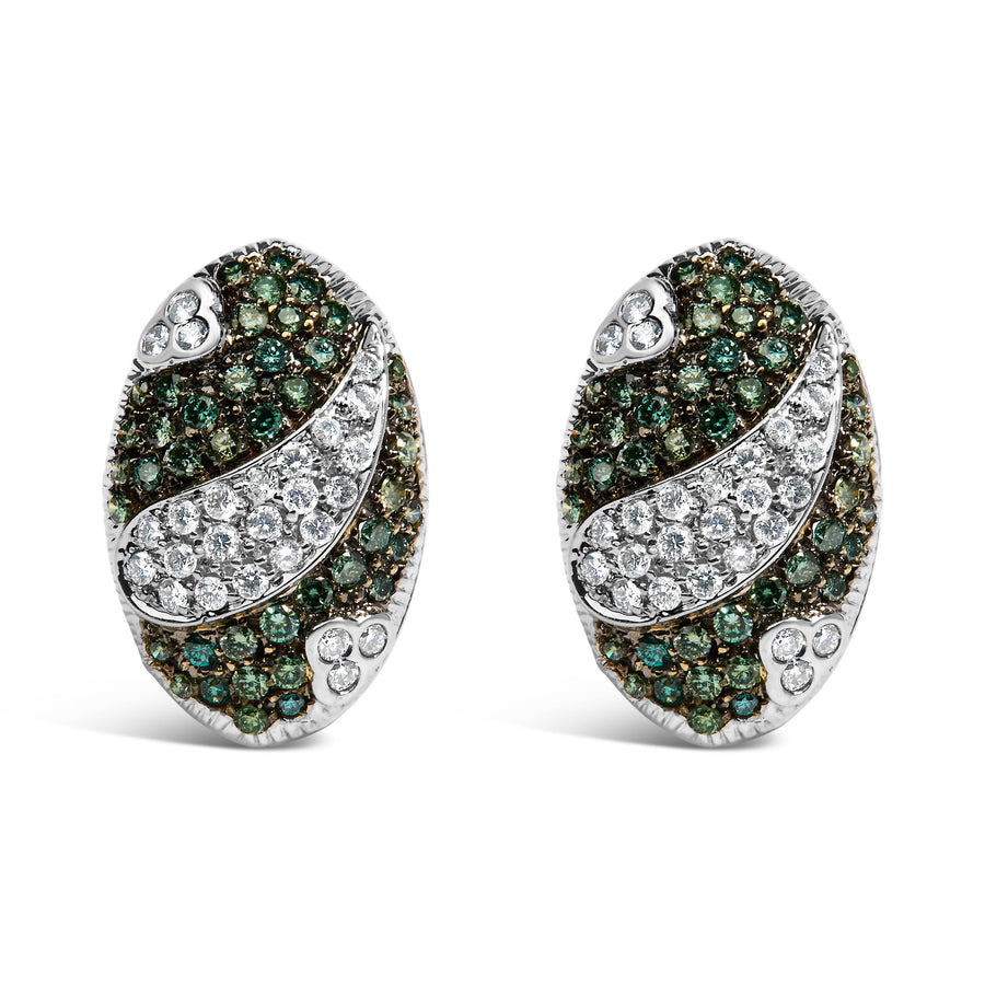 14K White Gold 2.00 Cttw White and Treated Blue Diamond Oval Shield Omega Back Earrings (H-I Color, SI1-SI2 Clarity)