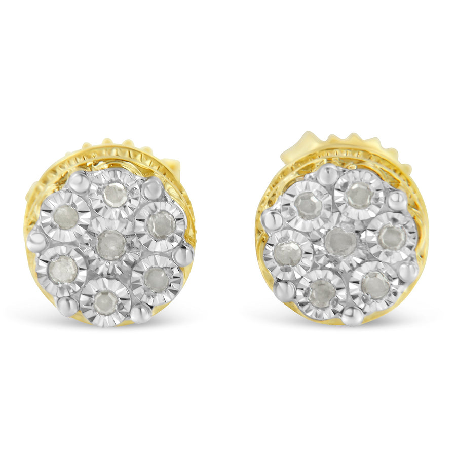 10K Yellow Gold over .925 Sterling Silver 1/7 Cttw Rose-Cut Miracle-Set Diamond Floral Cluster Button Stud Earrings (I-J Color, I3 Clarity)