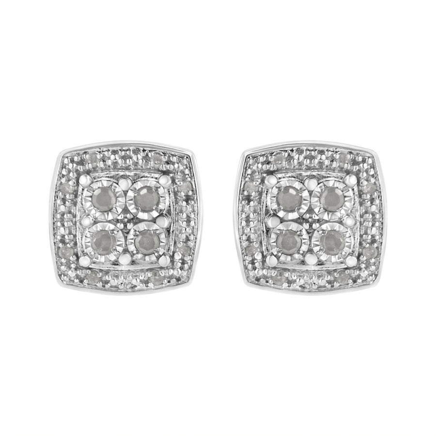 .925 Sterling Silver 1/4 cttw Round Cut Diamond Square Shape Milgrain Stud Earrings (I-J Color, I3 Clarity)
