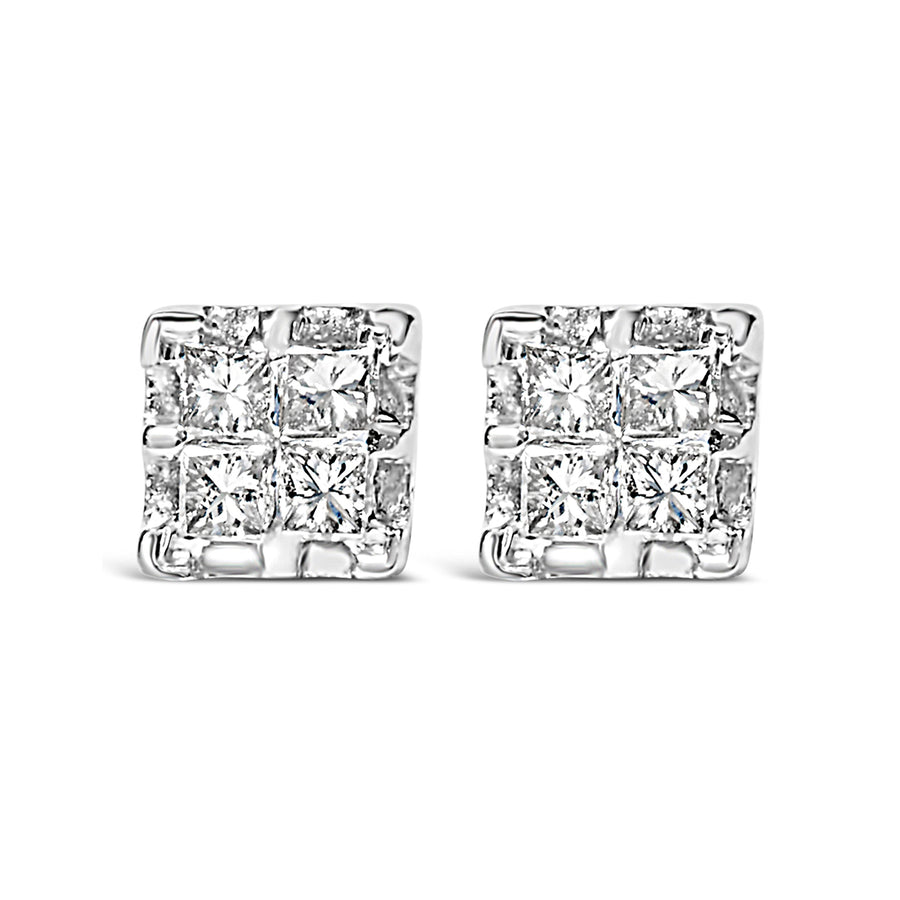 10k Yellow Gold Princess Diamond Quad Stud Earrings (1/4 cttw, J-K Color, I2-I3 Clarity)