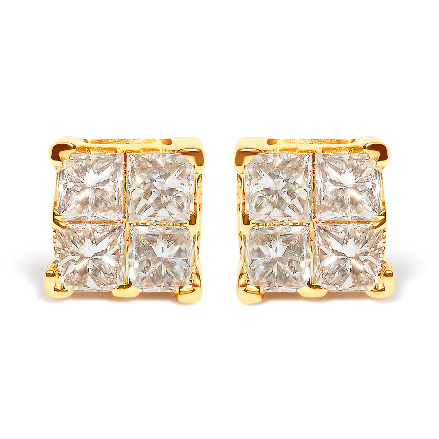 10K Yellow Gold 3/4 Cttw Invisible Set Princess-Cut Diamond Composite Square Stud Earrings (I-J Color, I2-I3 Clarity)