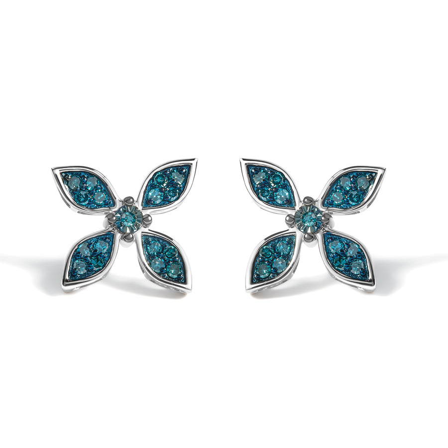 .925 Sterling Silver 1/3 Cttw Blue Diamond Floral Earrings