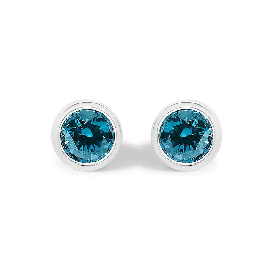 14K White Gold 1.0 Cttw Bezel Set Lab Grown Blue Diamond Solitaire Stud Earrings