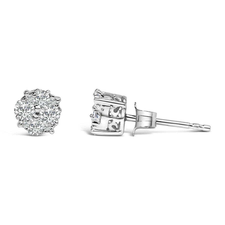 .925 Sterling Silver 1/2 cttw Prong Set Round-Cut Diamond Cluster Stud Earring (I-J Color, I2-I3 Clarity)