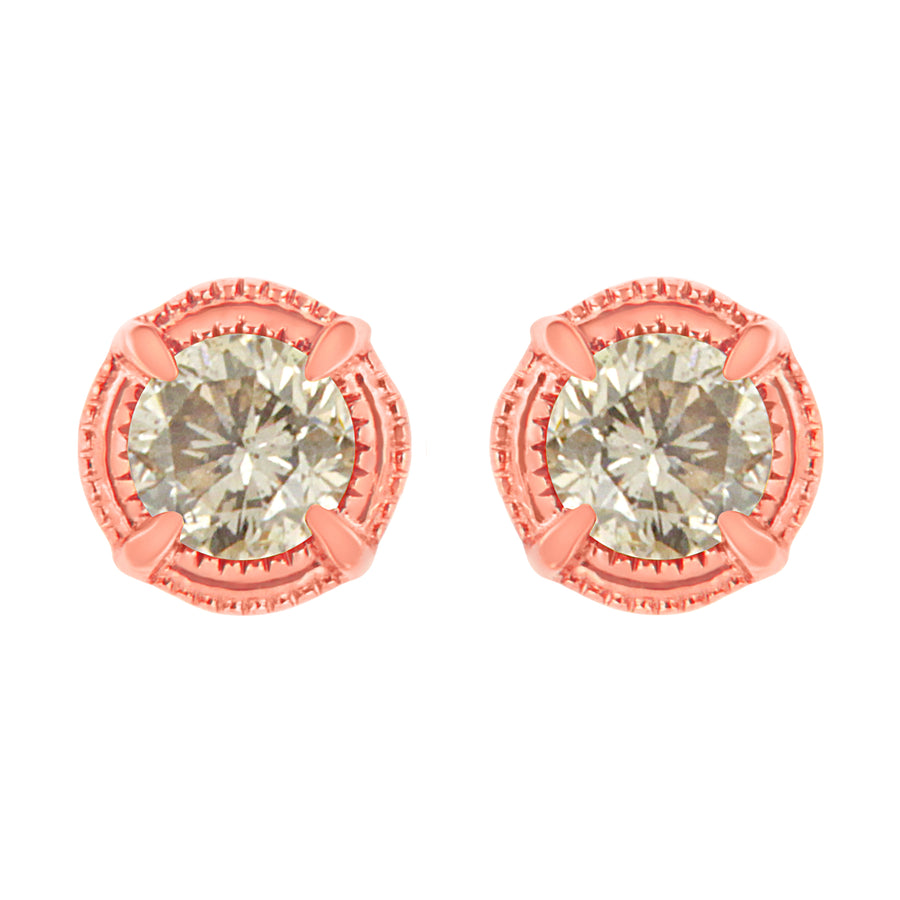 14K Yellow Gold Plated .925 Sterling Silver 1.0 Cttw Round Brilliant Cut Diamond Solitaire Milgrain Stud Earrings (K-L Color, I2-I3 Clarity)