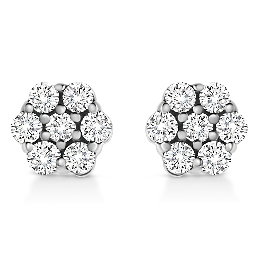 14K White Gold 1/2 Cttw Prong Set Round-Cut Diamond Flower Stud Earring (H-I Color, I1-I2 Clarity)