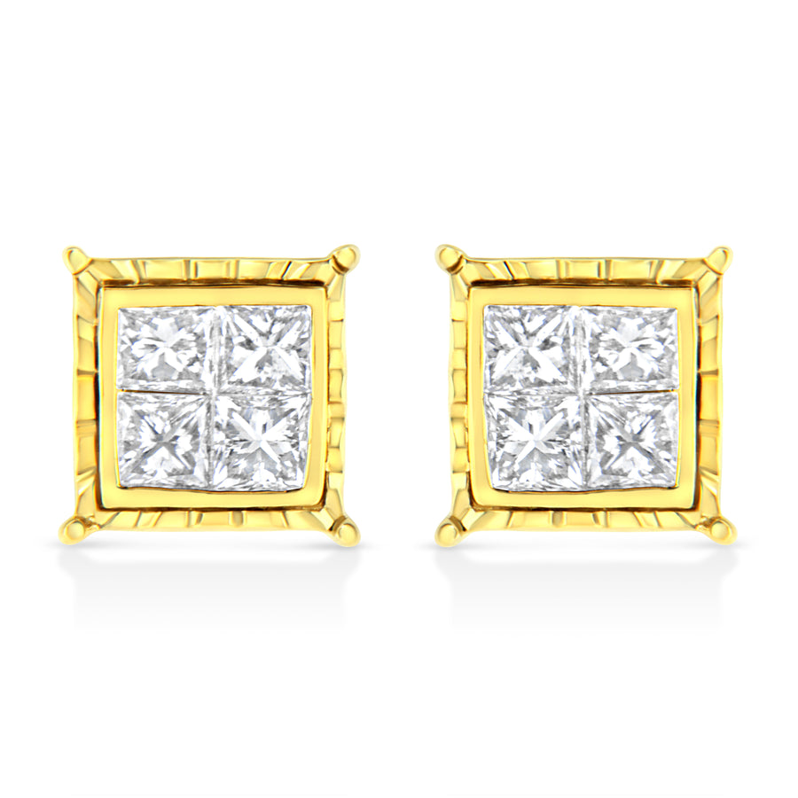 14K Yellow Gold 1 Cttw Princess Cut Diamond Square Stud Earrings