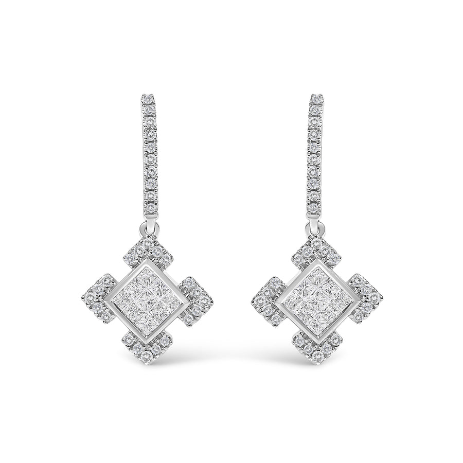 10K White Gold Princess and Round Diamond Geometric Composite Dangle Earrings