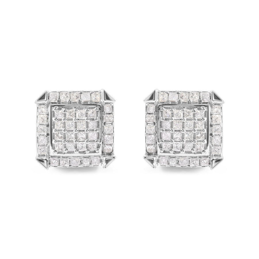 10K White Gold 1 1/10 Cttw Princess Diamond Composite and Halo Stud Earrings (I-J Color, I1-I2 Clarity)