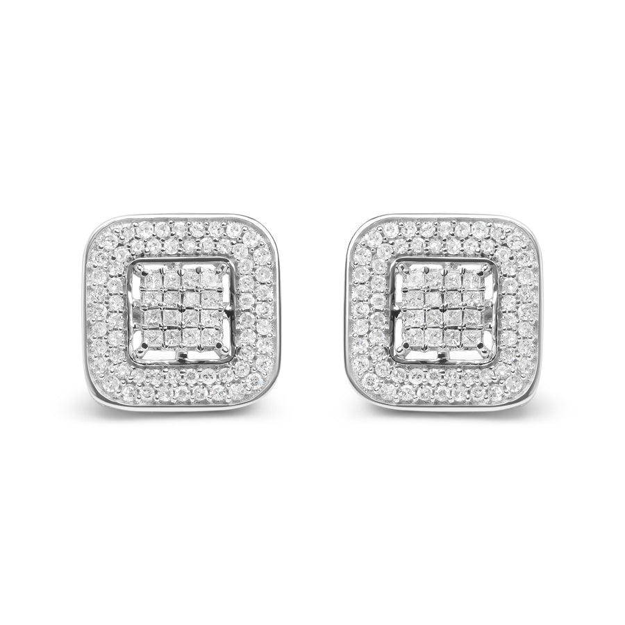 10K White Gold 1.0 Cttw Round and Princess Cut Diamond Composite Open Halo Stud Earrings (H-I Color, SI1-SI2 Clarity)