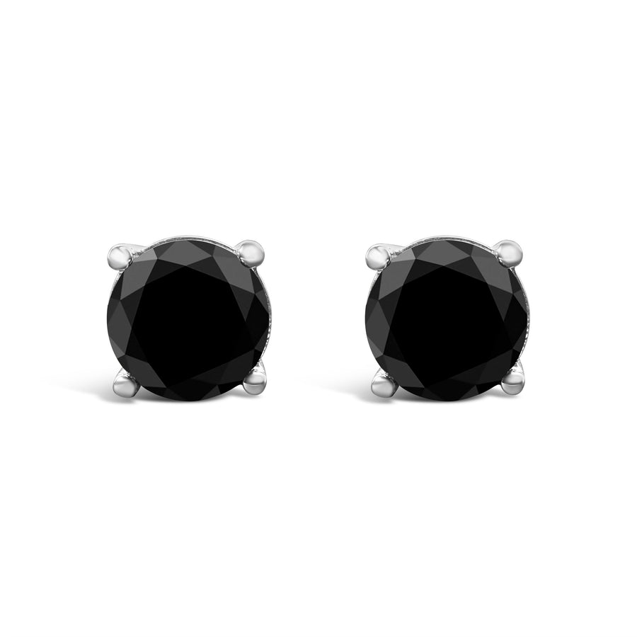 14K White Gold 2.00 Cttw Round Brilliant-Cut Black Diamond Classic 4-Prong Stud Earrings with Screw Backs (Fancy Color-Enhanced, I2-I3 Clarity)
