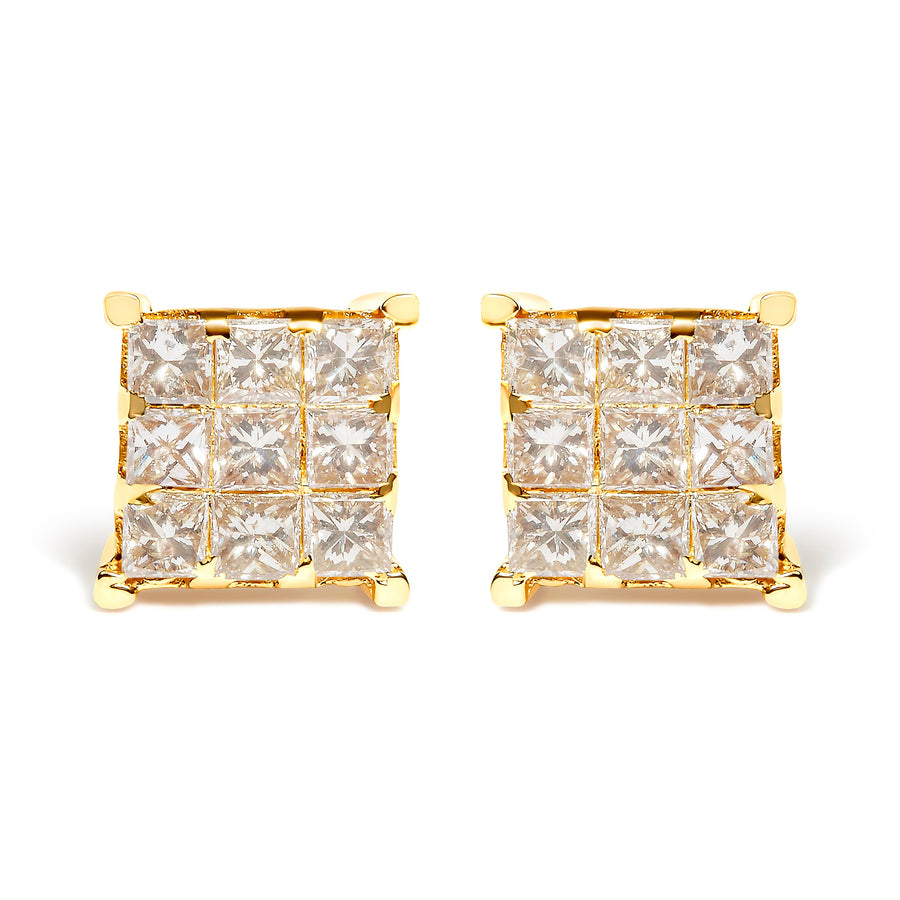 14K Yellow Gold 1 1/2 Cttw Invisible Set Princess-Cut Diamond 9 Stone Square Stud Earrings (J-K Color, SI2-I1 Clarity)