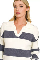 Zenana Striped Collared Sweater