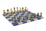 Chess Set - Staunton Metal Chess Pieces on Blue&Cream Faux Leatherette Board